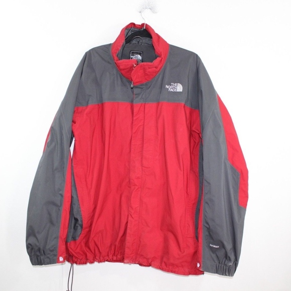 red and grey north face jacket